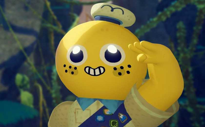 A smiley yellow man salutes in Peak